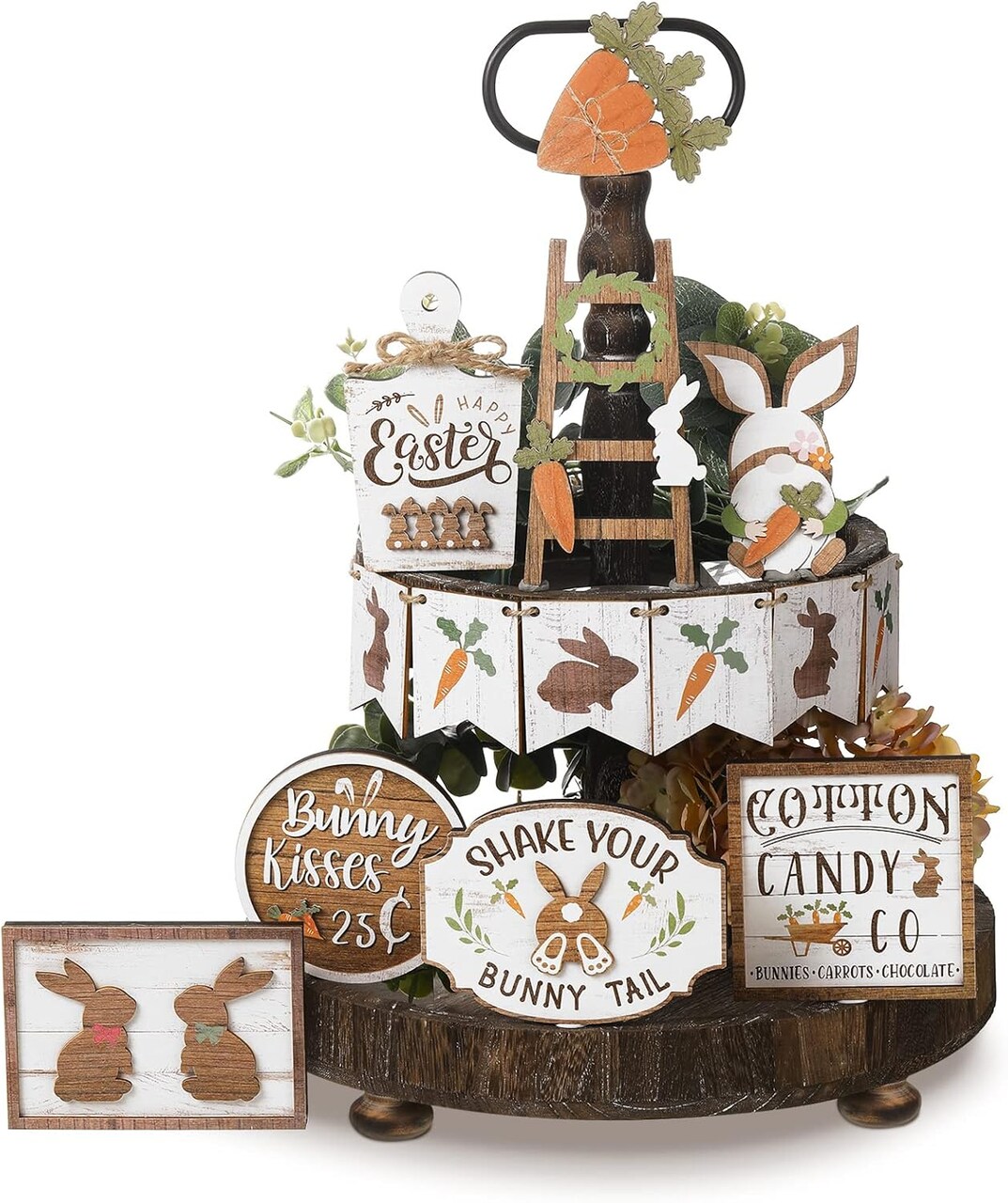 14 Pcs Easter Tiered Tray Decor Set Farmhouse Bunny Carrot Wooden Signs Rustic Spring Tiered Tray Decor Easter Table Decorations for Home Kitchen Coffee Bar Shelf